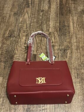 Structured Burgundy Shoulder Tote with Gold Monogram